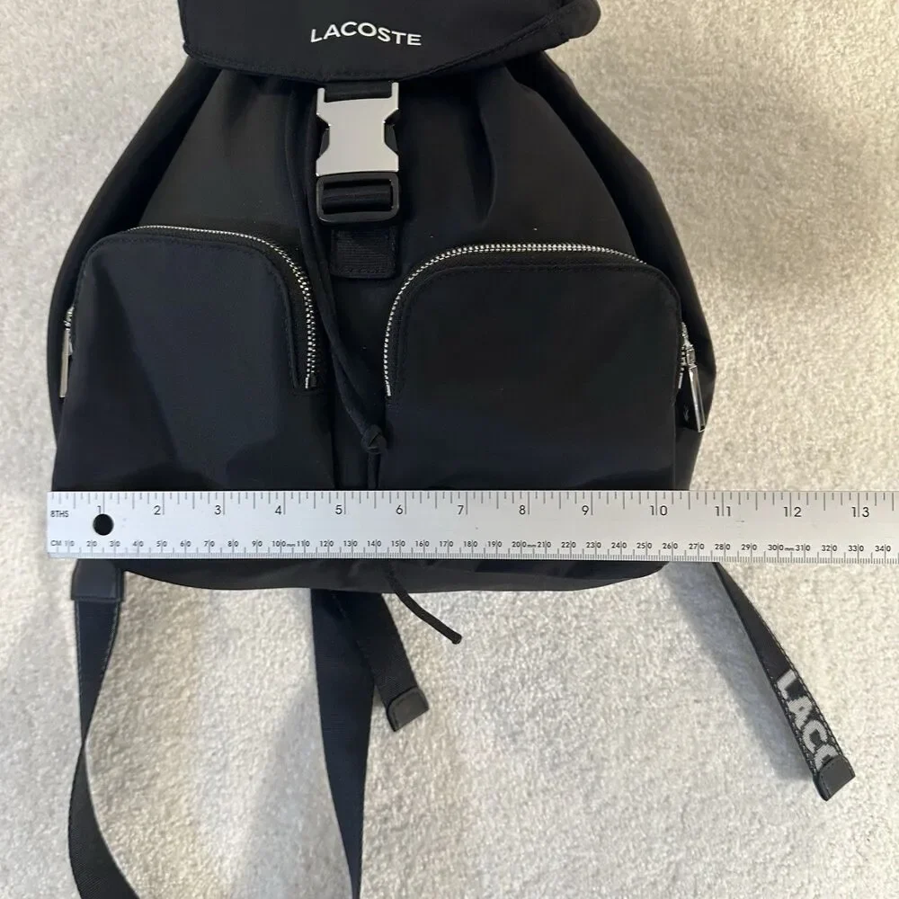 Lacoste Women's Solid Black Cinch Flap Nylon Bag Backpack